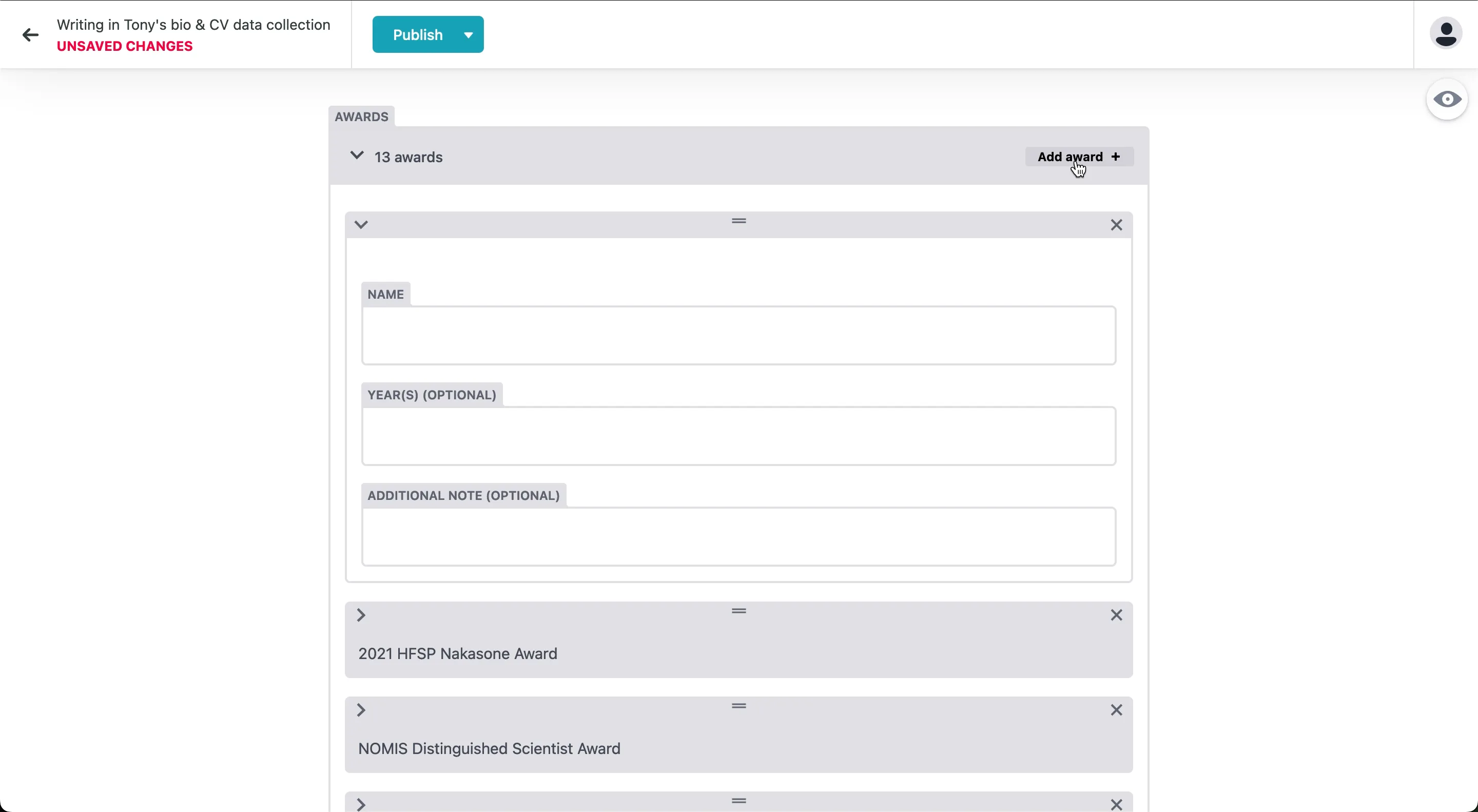 A screenshot showing three fields to fill out under the "add award" button