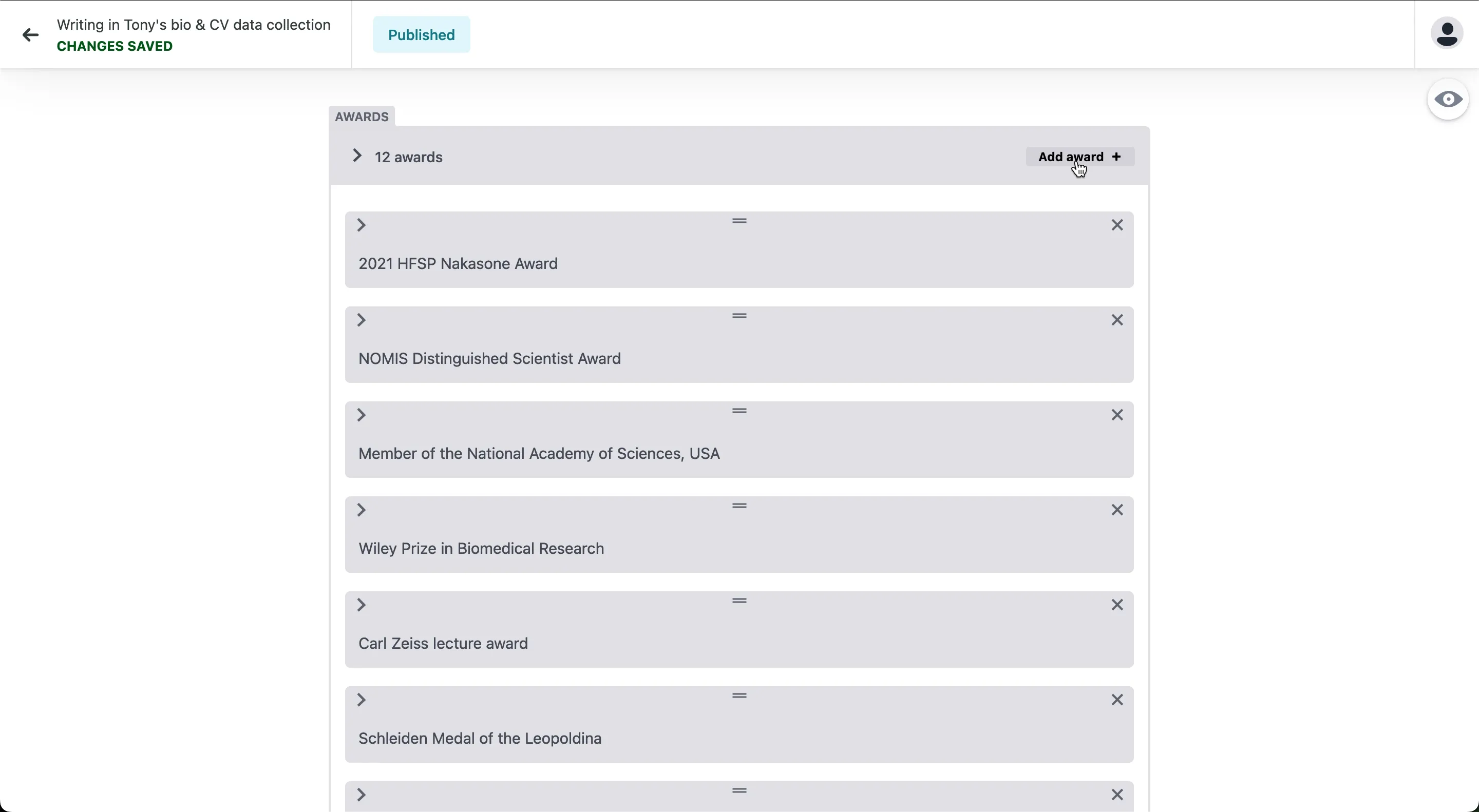 A screenshot of the list of awards and an "add award" button in the custom CMS