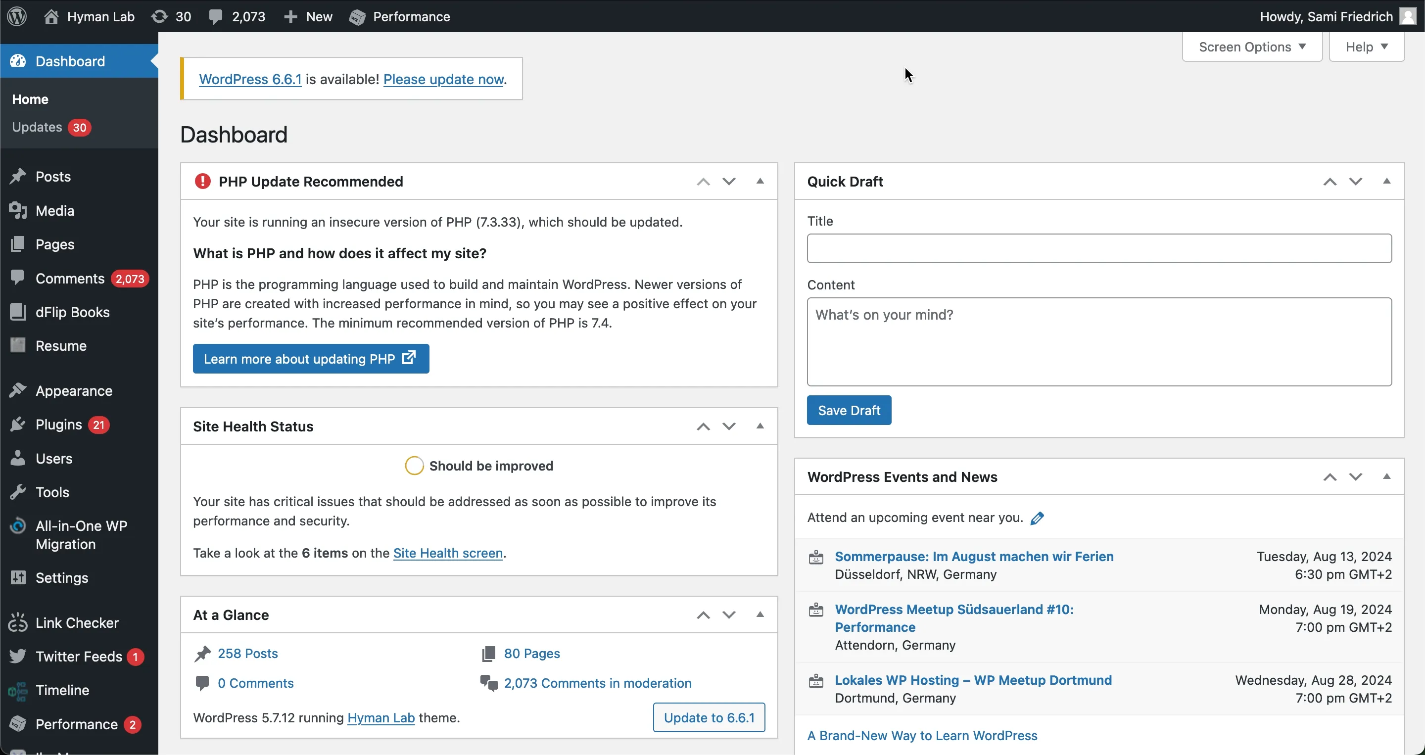 A screenshot of the Wordpress dashboard