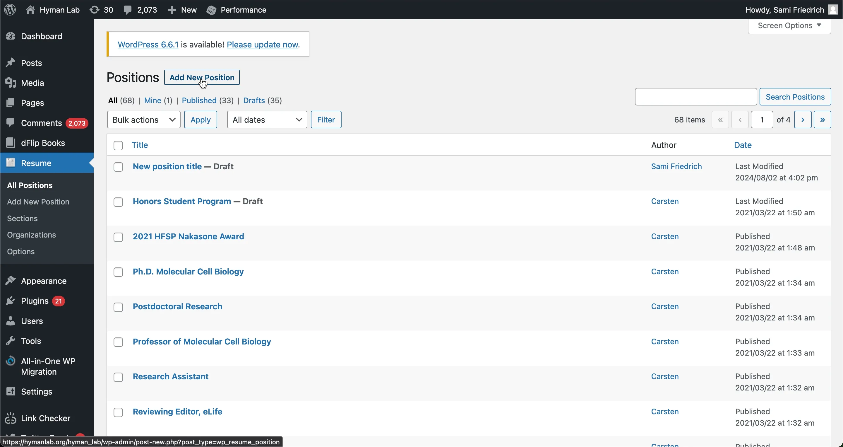 A screenshot of the Resume page with a list of Positions in Wordpress