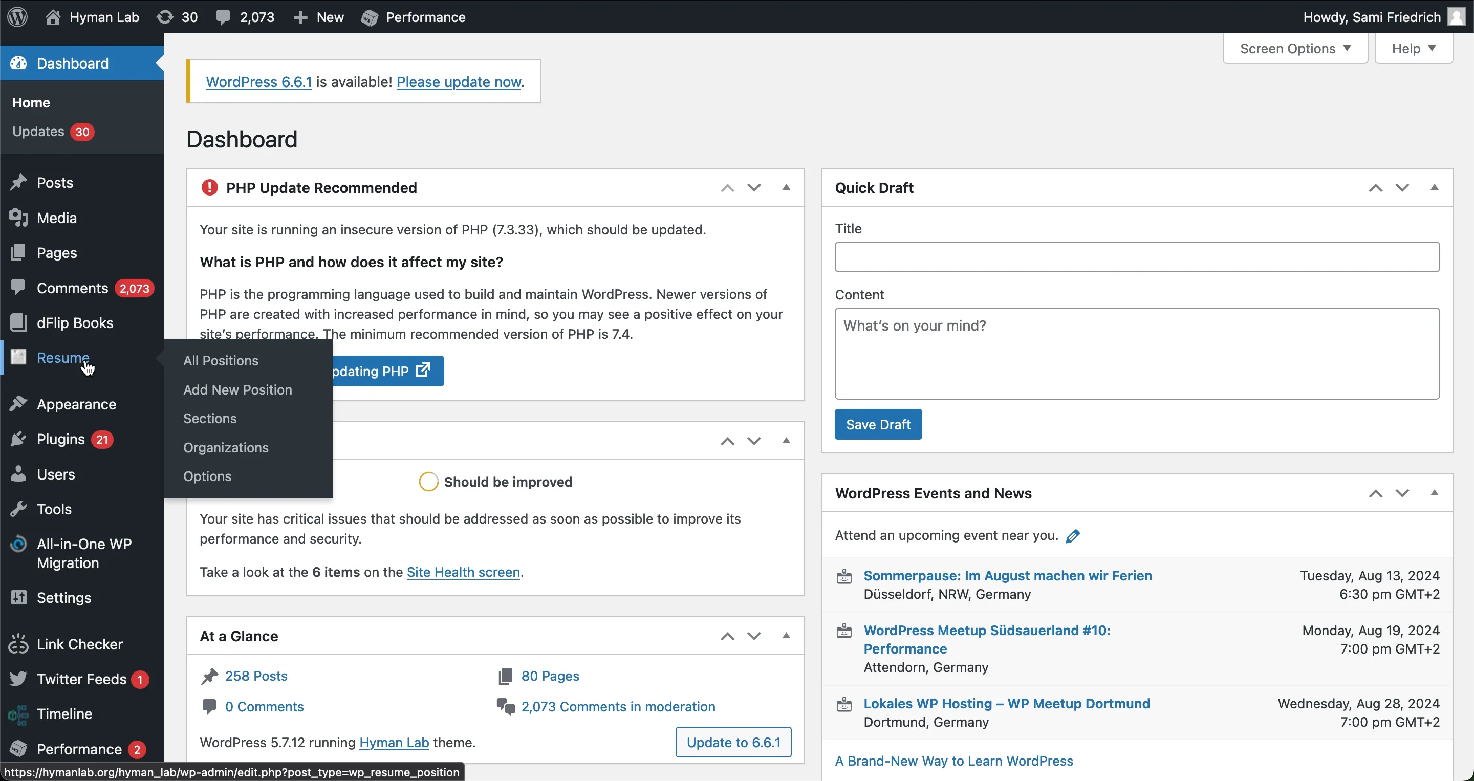 A screenshot showing the pop-up menu when hovering over the resume section of the Wordpress sidebar