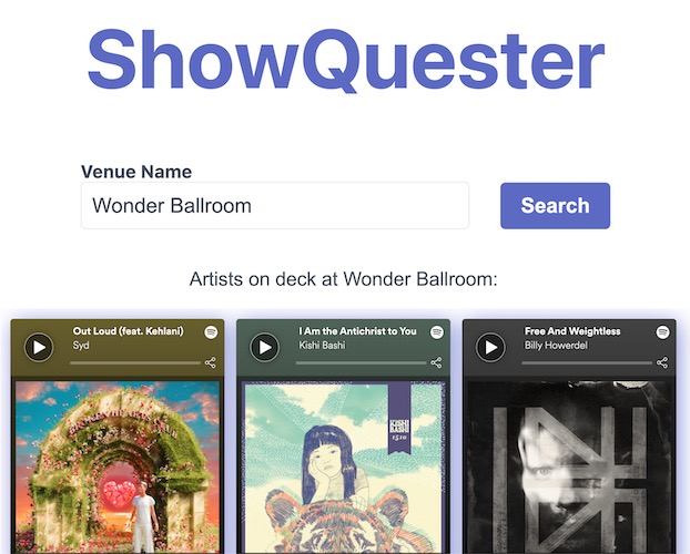 ShowQuester playlist for a music venue